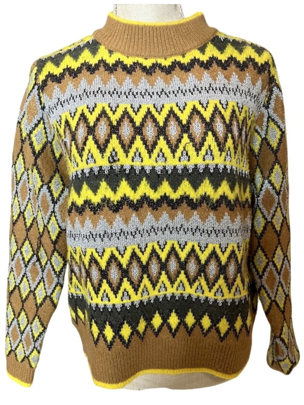 Zara Knit Geometric Diamond & Chevron Pattern Sweater Yellow/Brown L